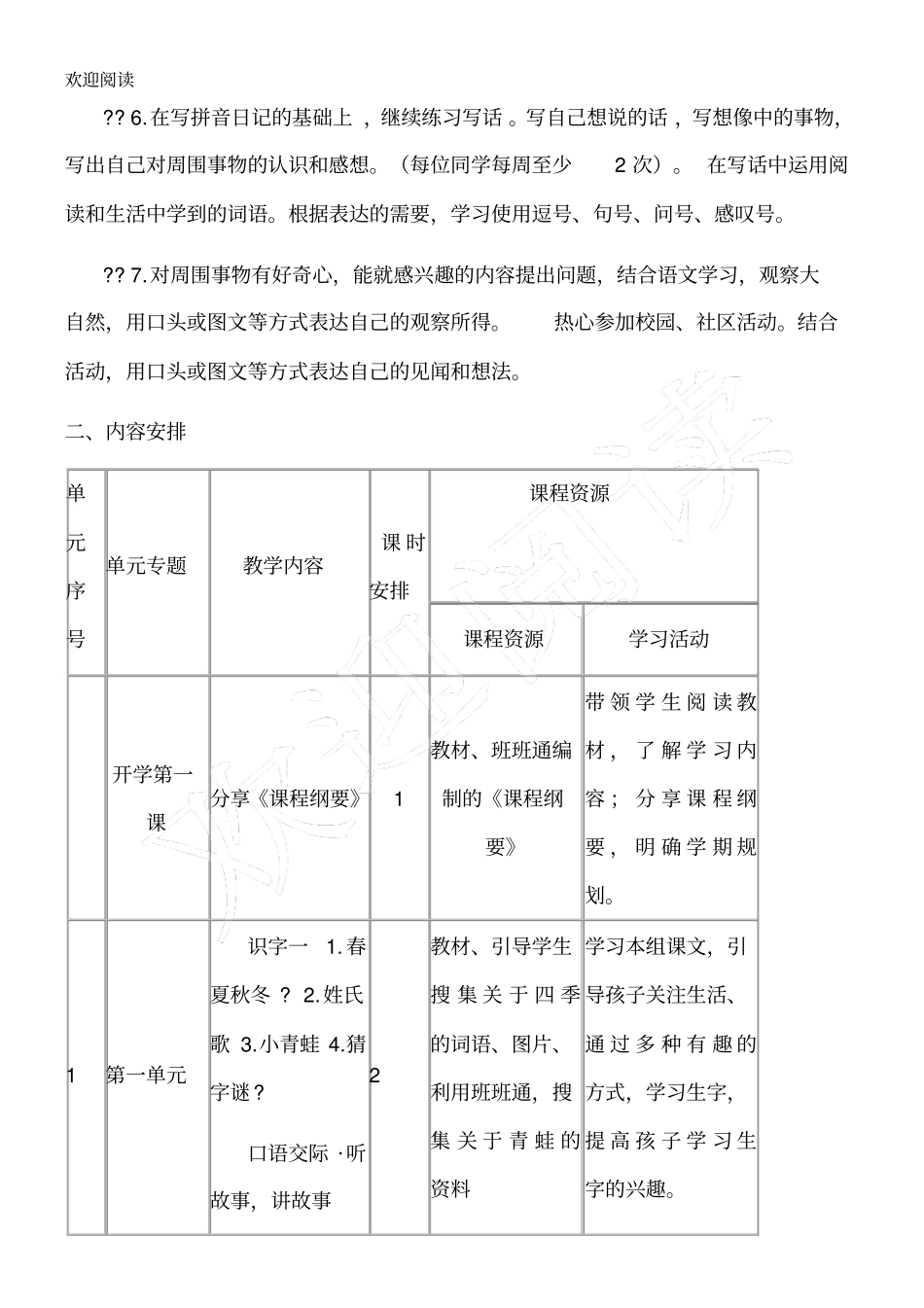 部编版一年级语文下册课程纲要_第2页