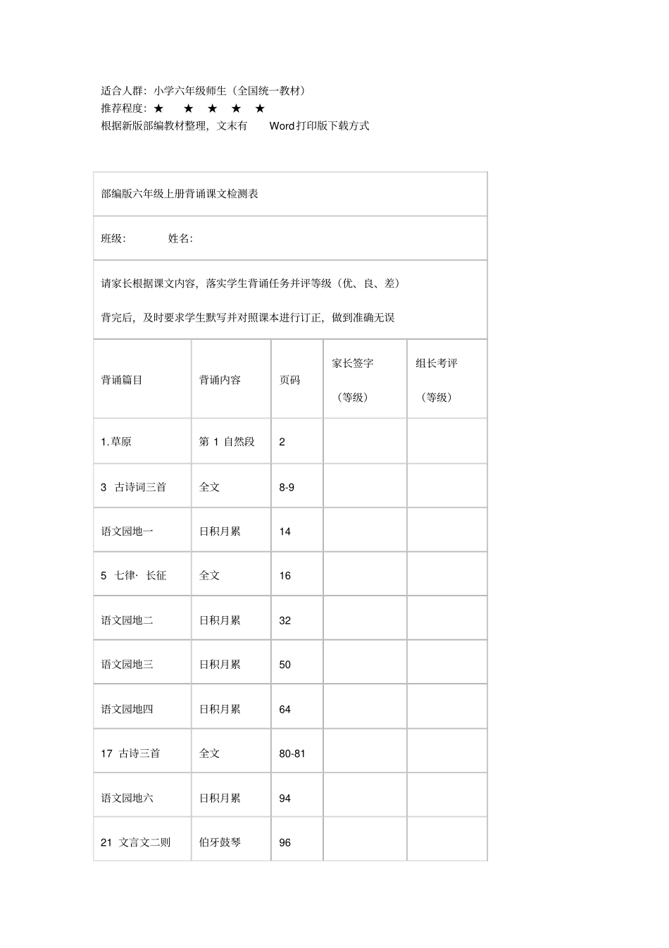 部编版六年级上册语文教材：全册课文背诵整理+检测表x_第1页