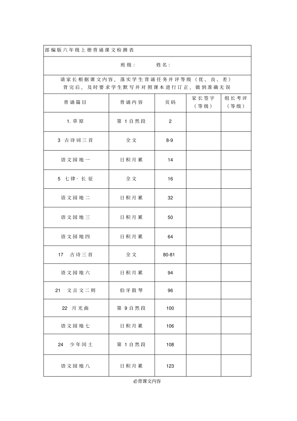 部编版六年级语文上册课文背诵闯关表及必背内容汇总x_第1页