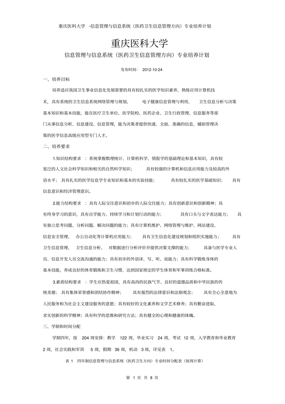 重庆医科大学-信息管理与信息系统医药卫生信息管理方向专业培养计划_第1页