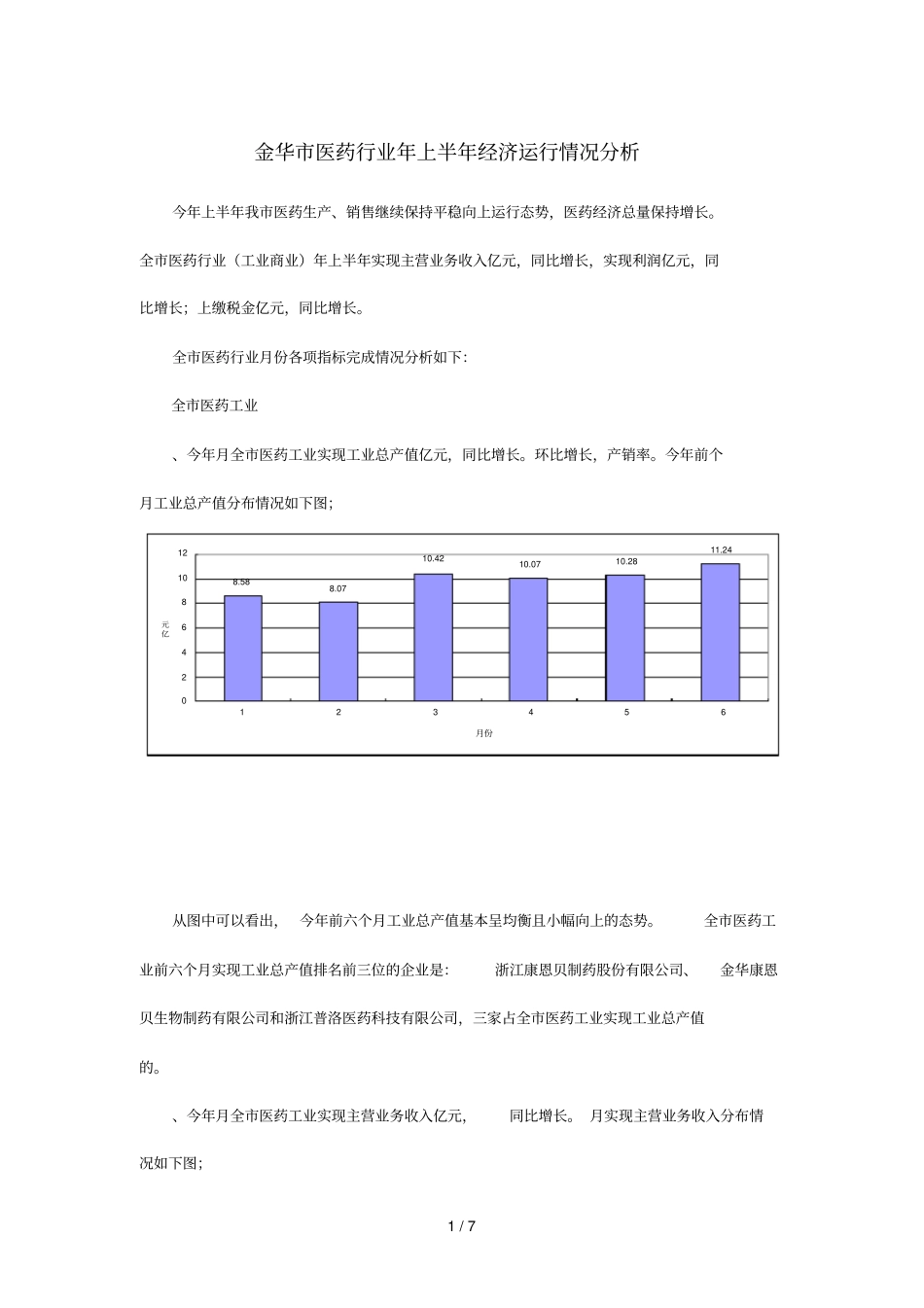 金华医药行业年上半年经济运行情况分析_第1页