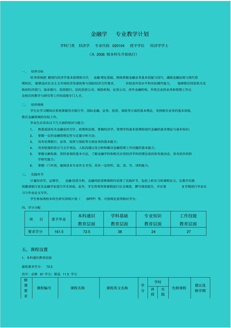 金融学本科教学计划_第1页