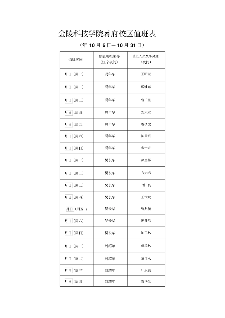 金陵科技学院幕府校区值班表_第1页
