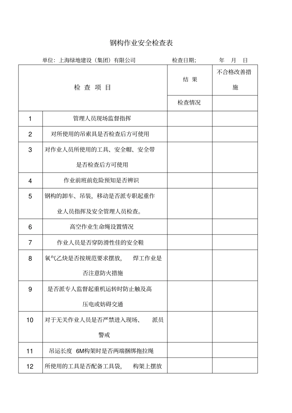钢构作业安全检查表_第1页