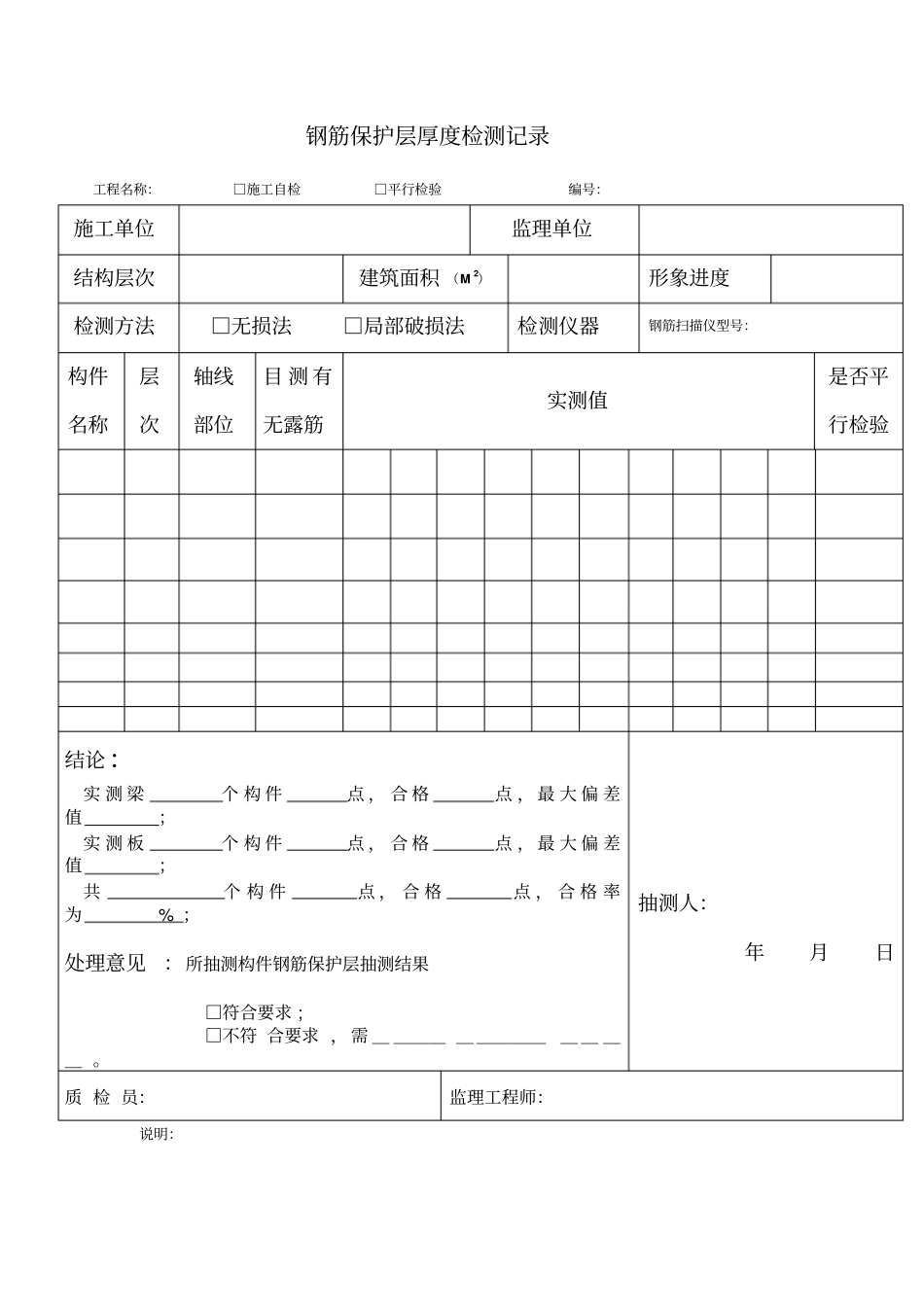 钢筋保护层厚度检测记录表格_第1页