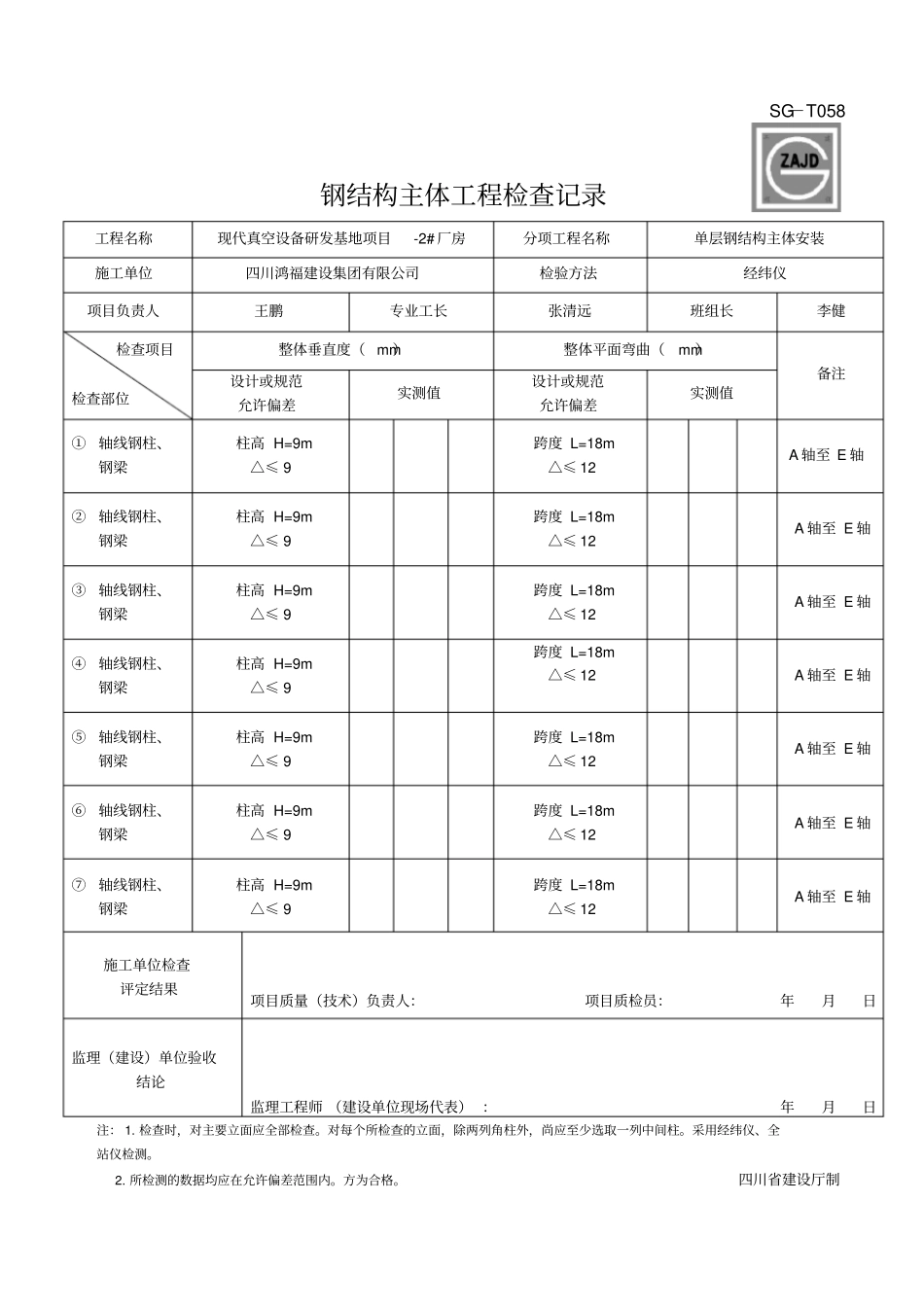 钢结构主体工程检查记录_第1页