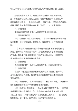 铜仁学院专业技术岗位设置与首次聘用实施细则