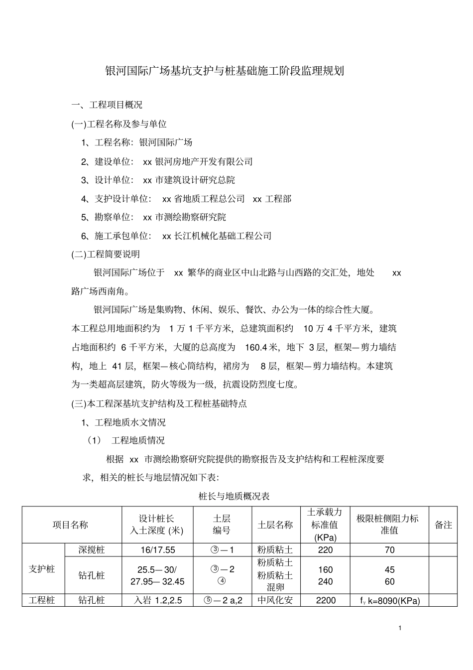 银河国际广场基坑支护与桩基础施工阶段监理规划_第1页