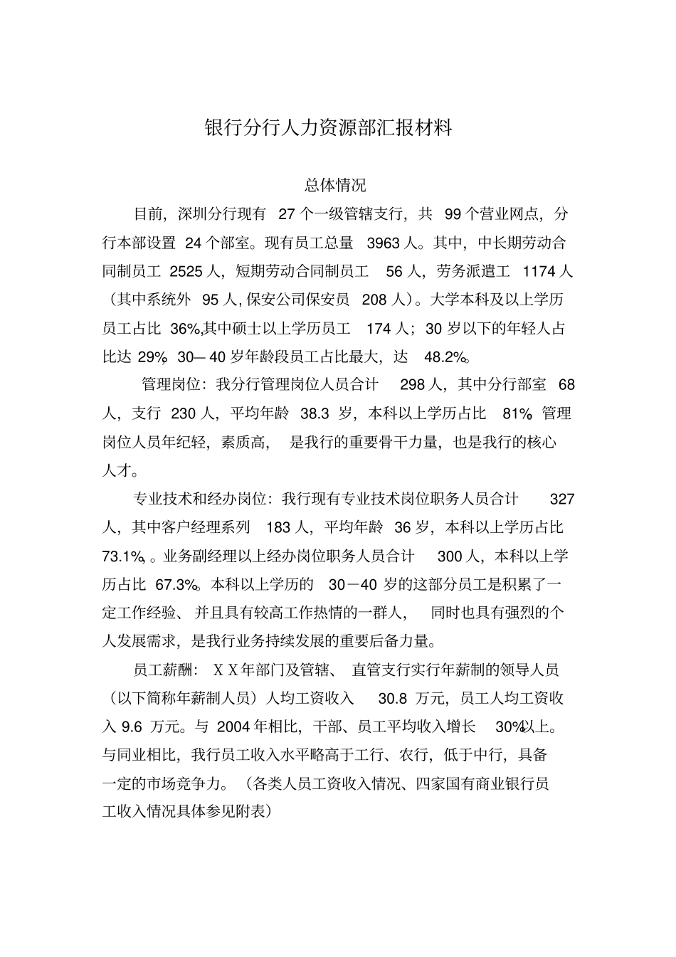 银行分行人力资源部汇报材料_第1页