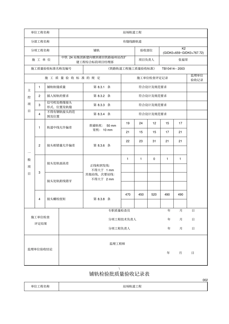 铺轨检验批质量验收记录表_第2页