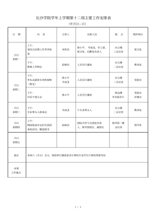 长沙学院2014学年上学期第十二周主要工作安排表