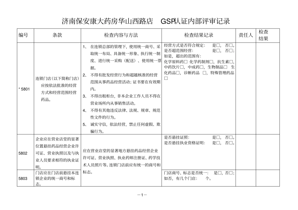 门店GSP认证内审表_第1页
