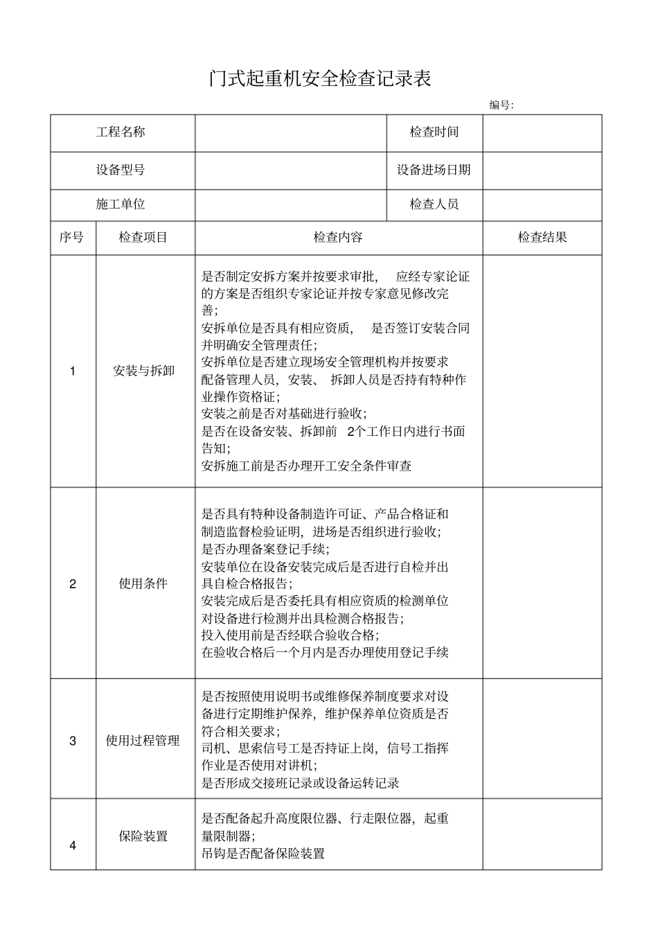 门式起重机安全检查记录表_第1页