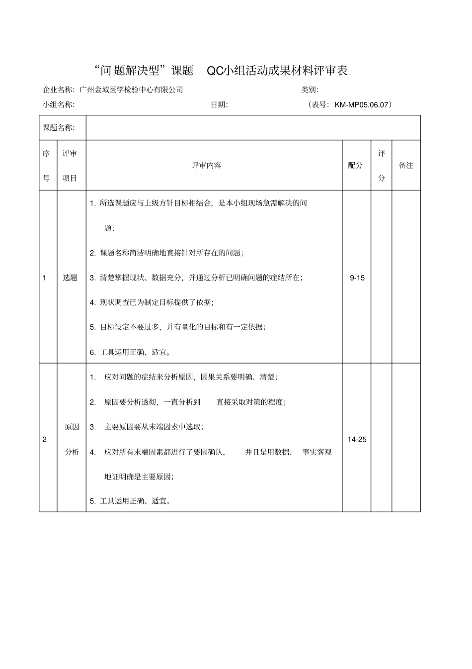 问题解决型课题QC小组活动成果材料评审表_第1页
