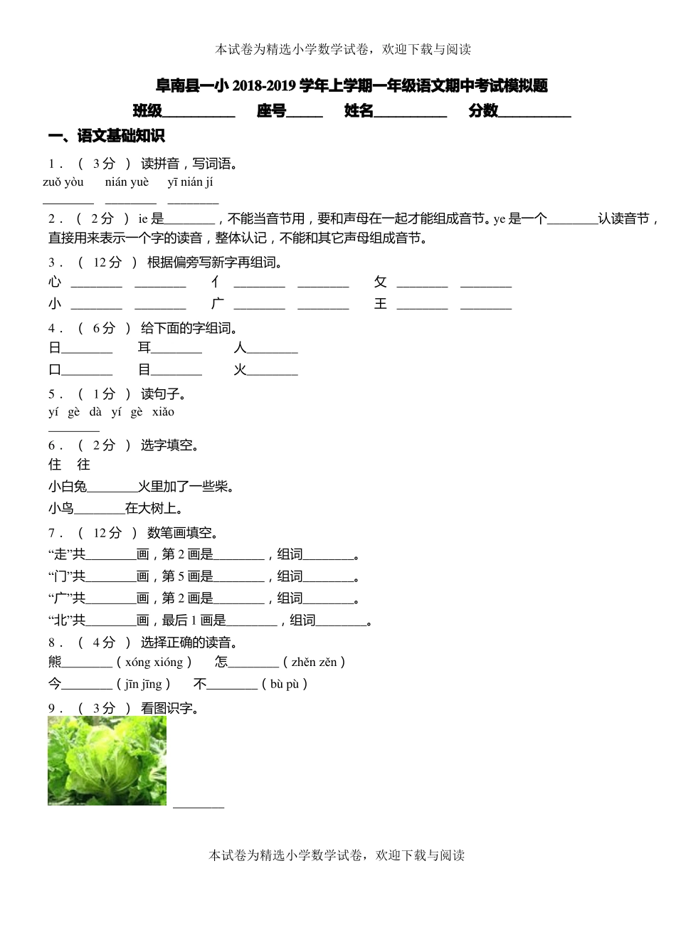 阜南一小2018-2019学年上学期一年级语文期中考试模拟题_第1页