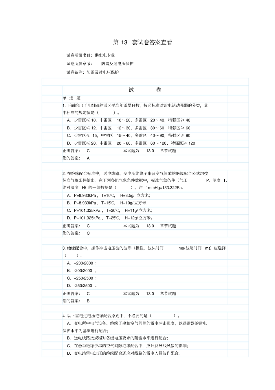 防雷过电压保护试题和附标准答案_第1页
