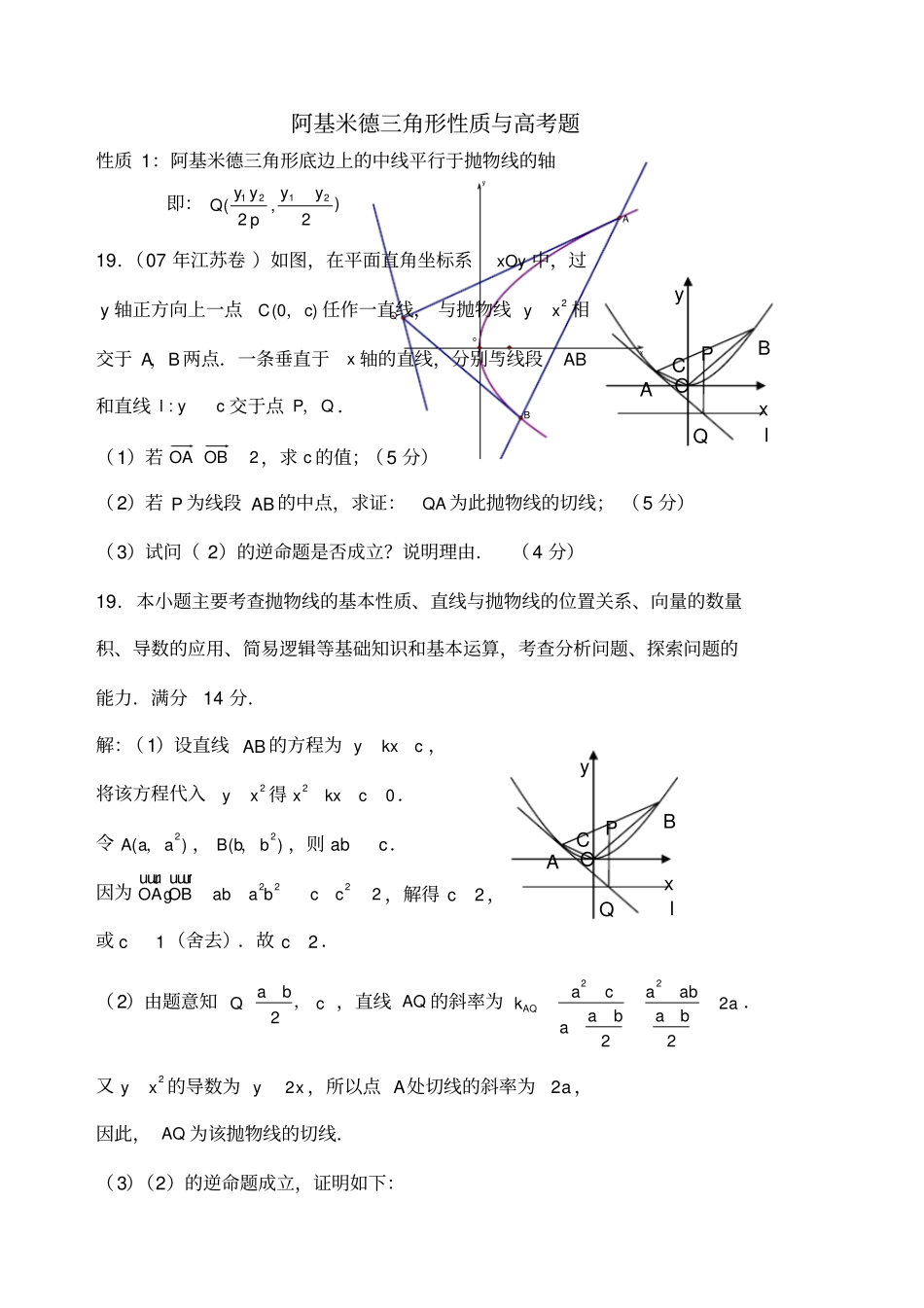 阿基米德三角形性质与高考题_第1页