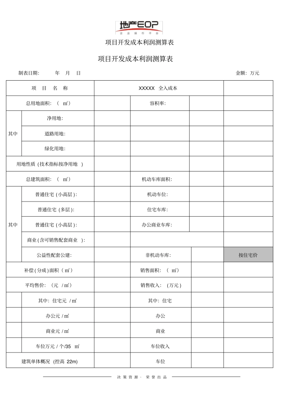 项目开发成本利润测算表_第1页