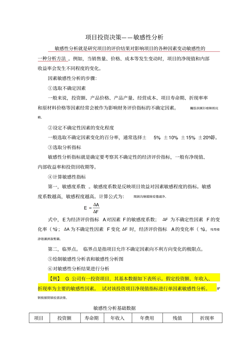 项目投资决策敏感性分析算例_第1页