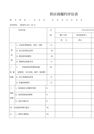 餐饮业供应商评价表