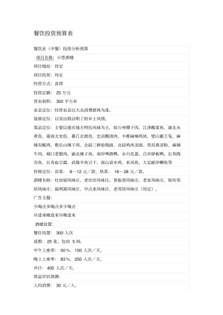 餐饮投资预算表