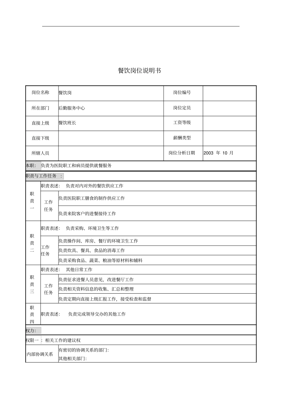 餐饮行业岗位说明书大全70个4_第1页