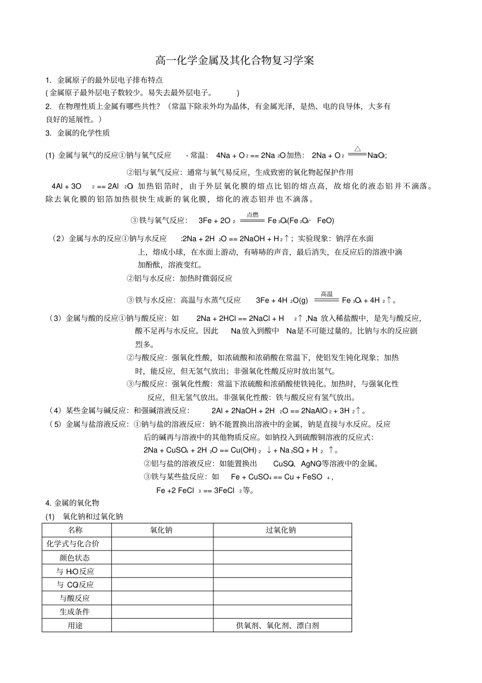 高一化学金属及其化合物复习学案_第1页