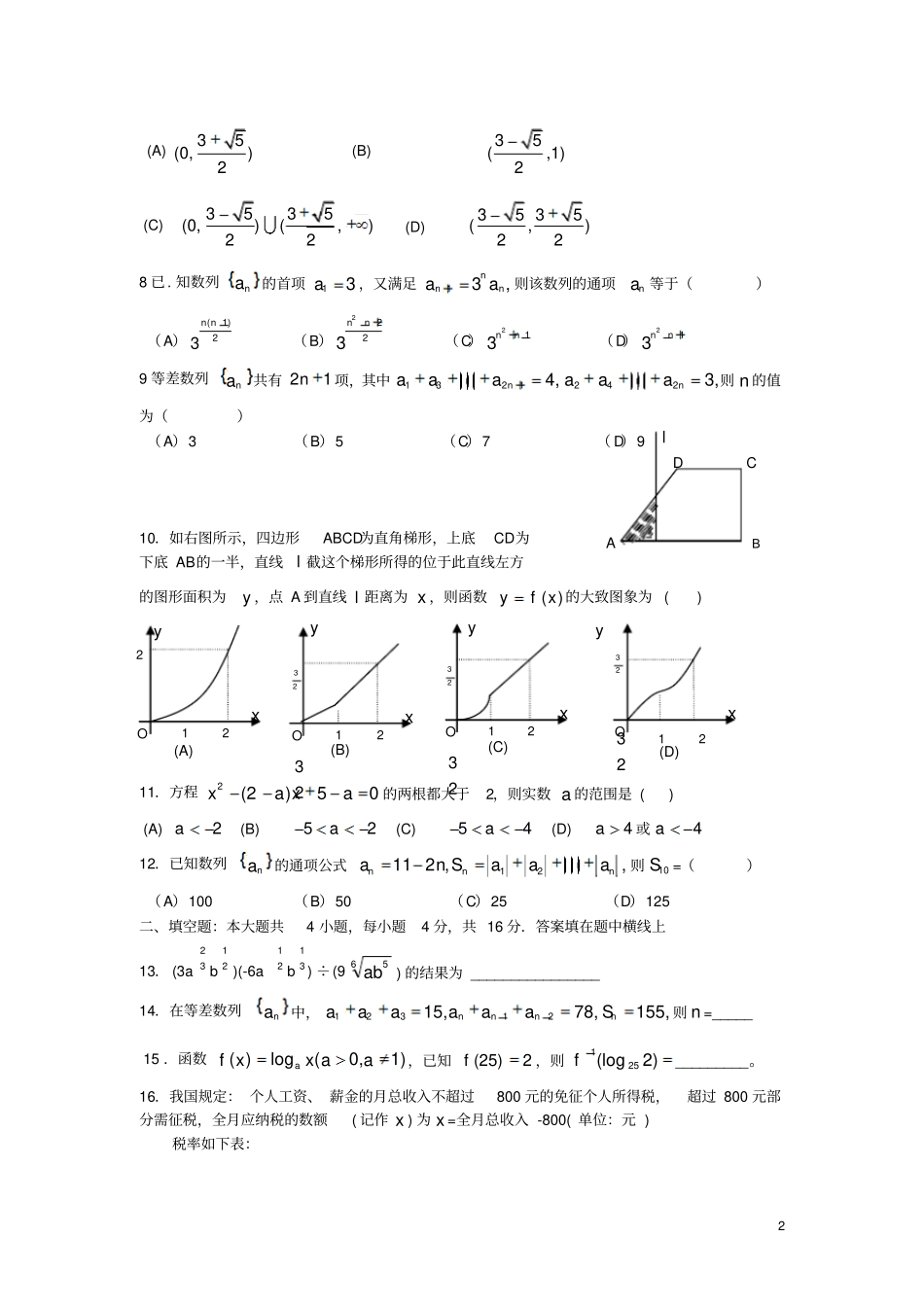 高一数学上学期期末考试试卷新人教A版_第2页
