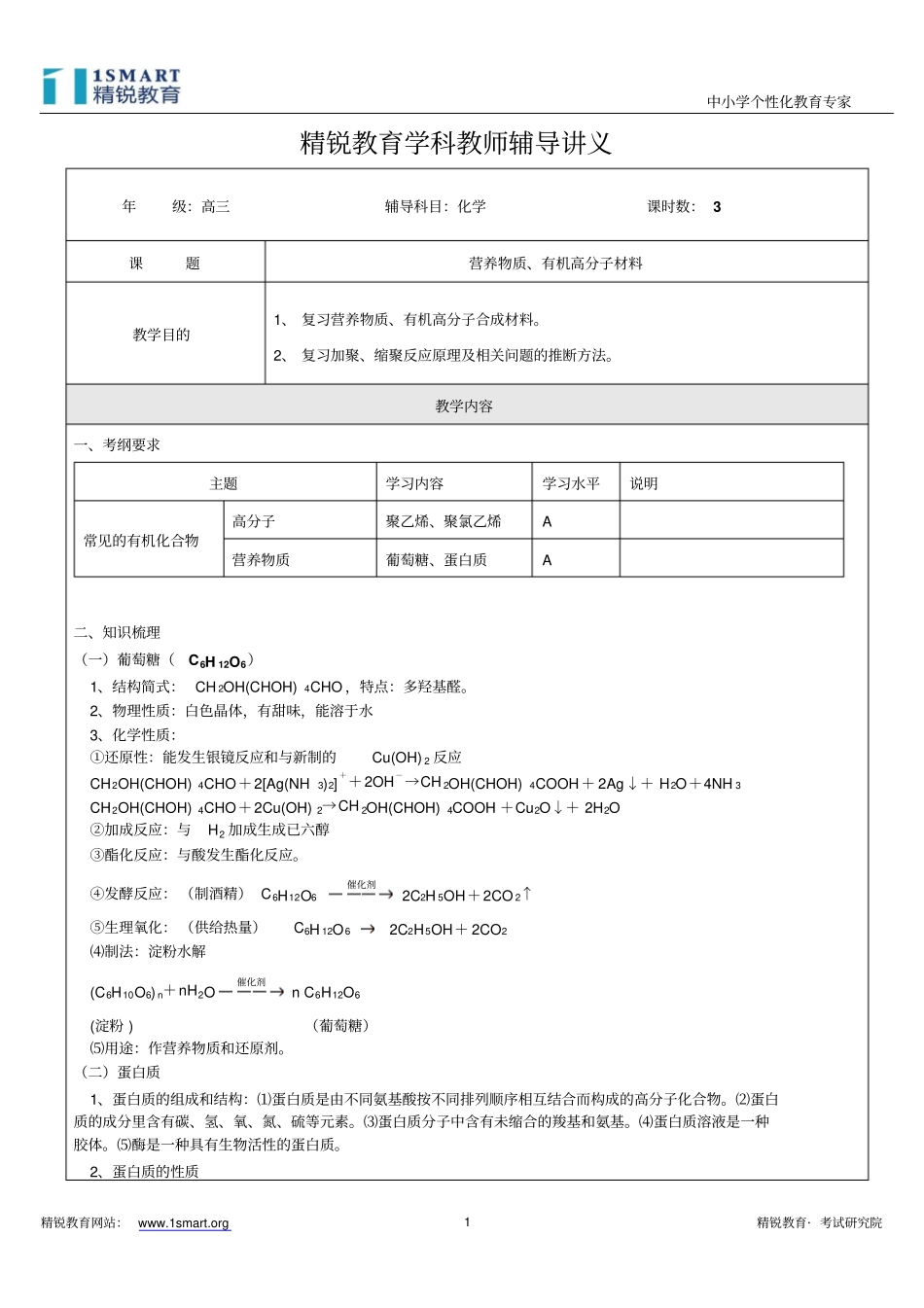 高三化学第一轮复习营养物质、有机高分子材料B全解_第1页