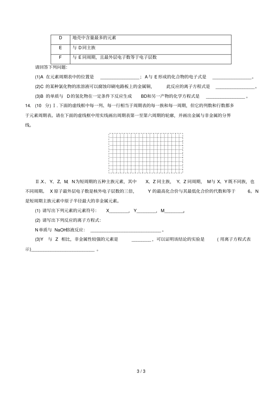 高中化学元素周期表考试题_第3页