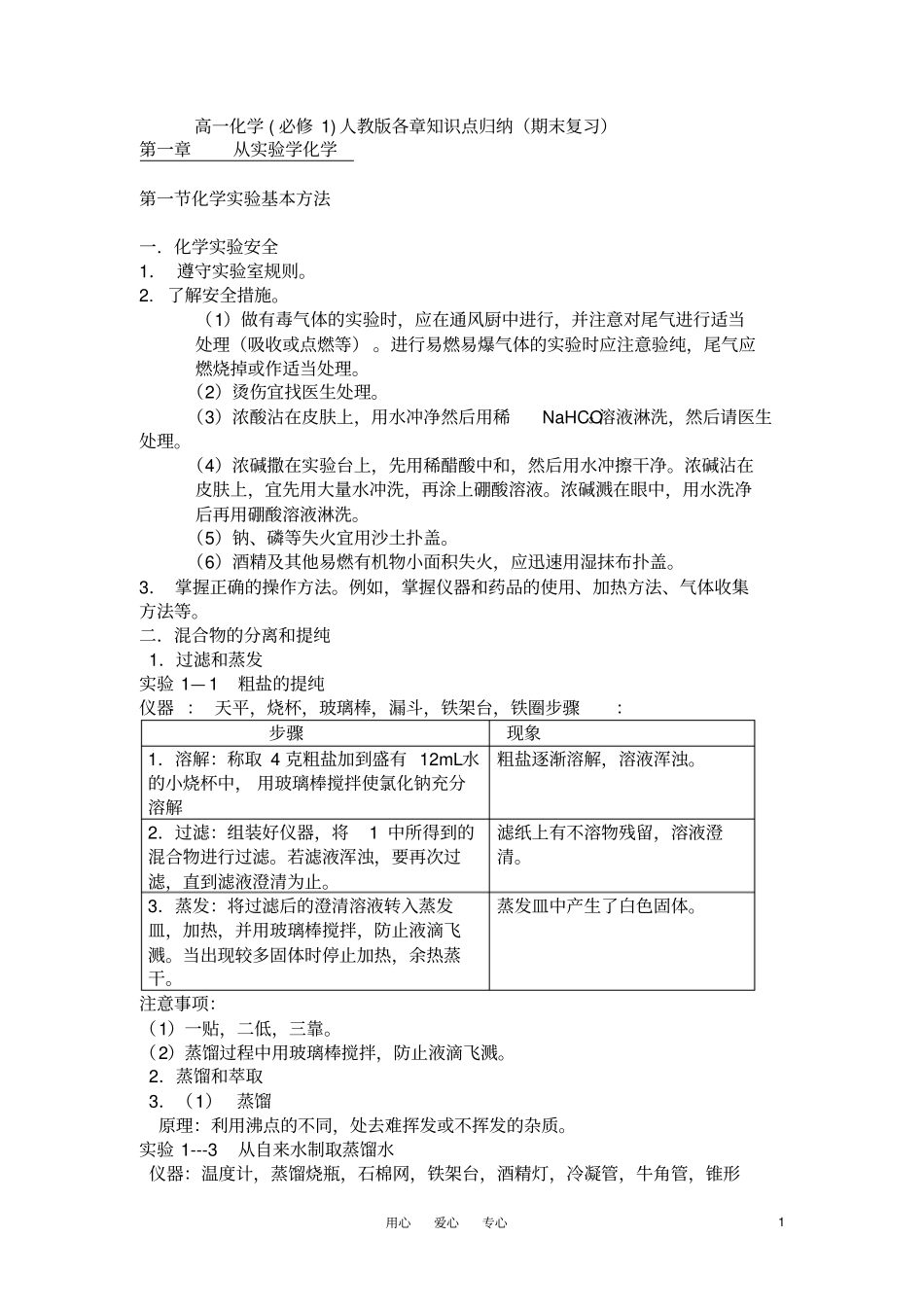 高中化学各章知识点归纳期末复习新人教版必修1总结_第1页