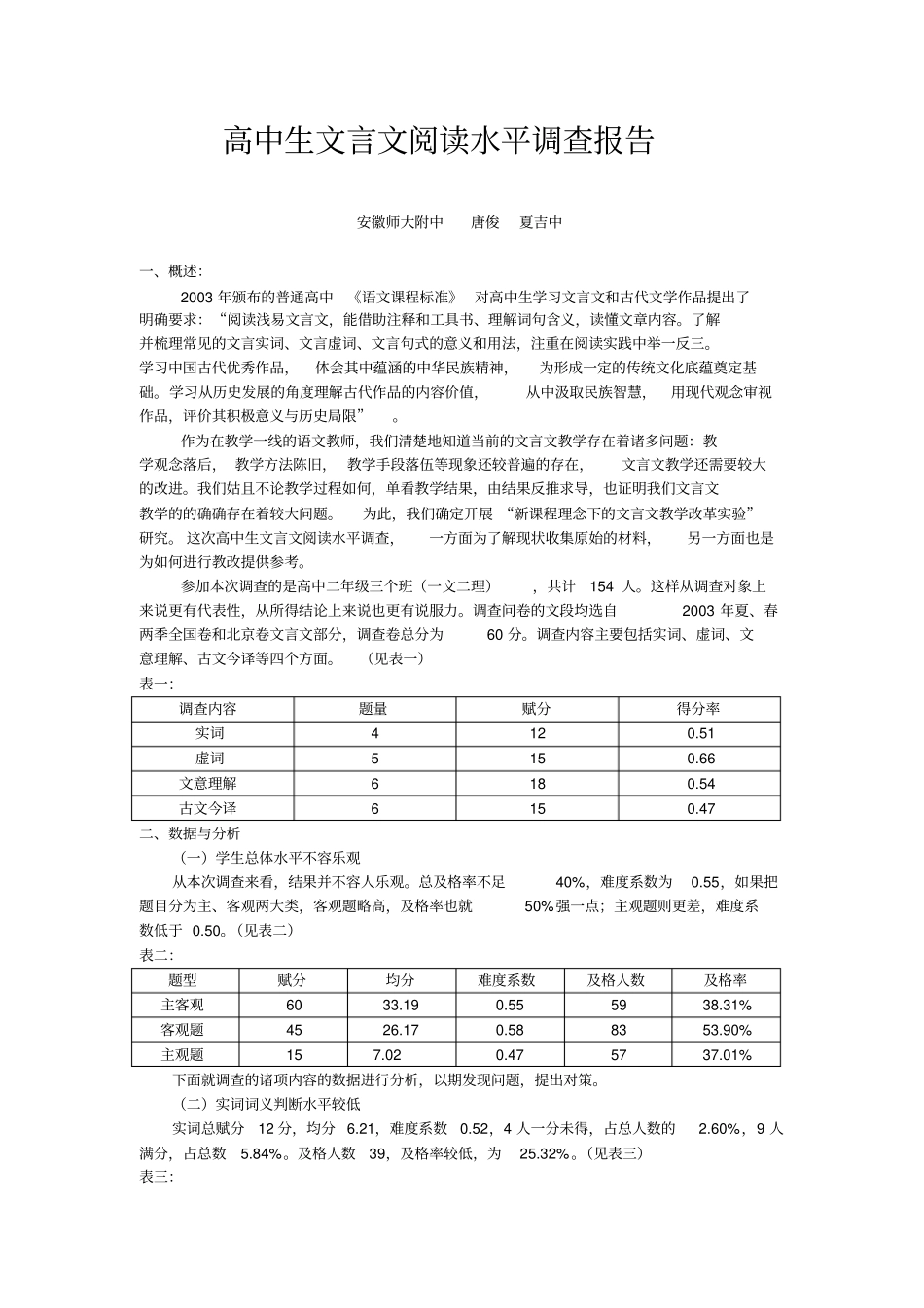 高中生文言文阅读水平调查报告_第1页