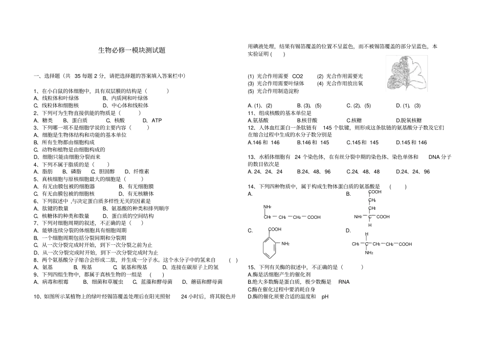 高中生物必修一模块测试题_第1页