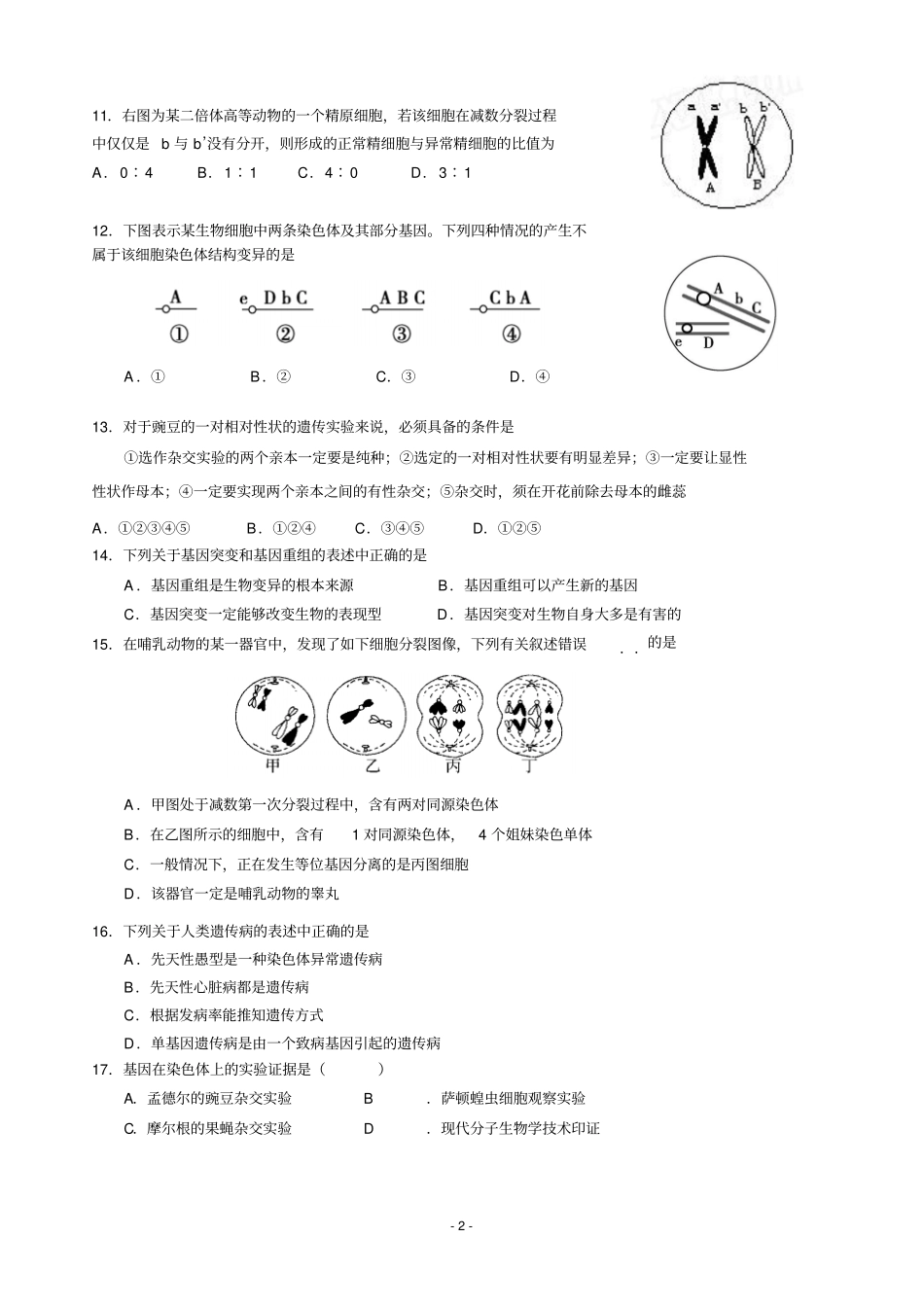 高中生物必修2复习试题理科原创完全版_第2页