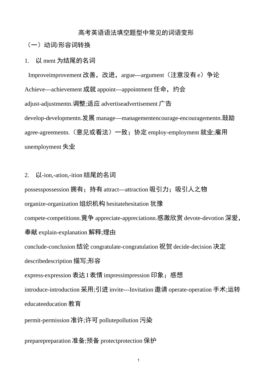 高考英语语法填空题型中常见的词语变形_第1页