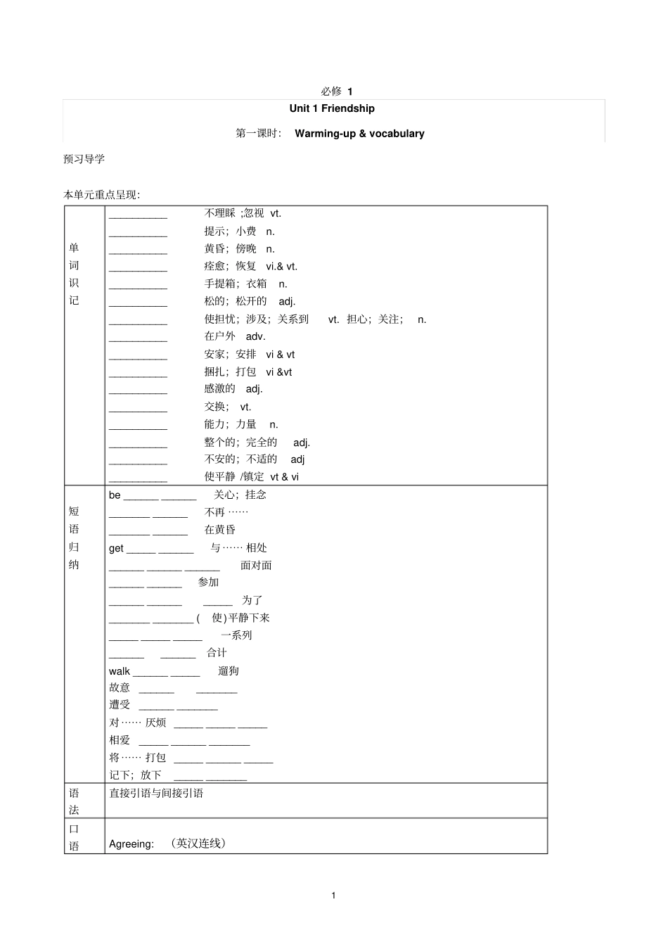高中英语必修1人教版精品导学案：Unit1Friendship_第1页