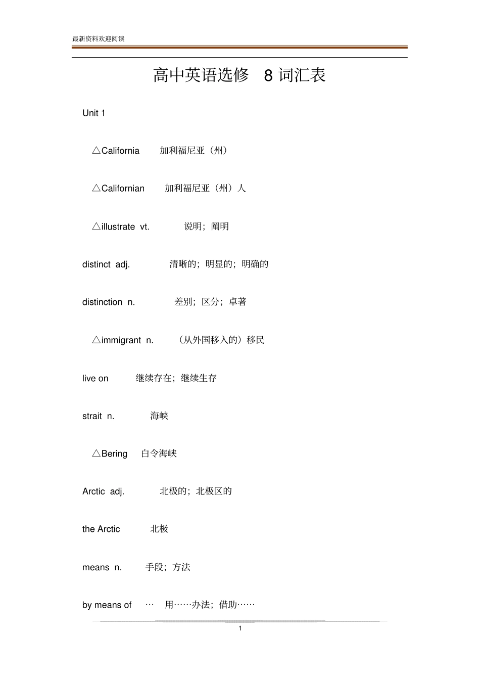 高中英语选修8词汇表_第1页