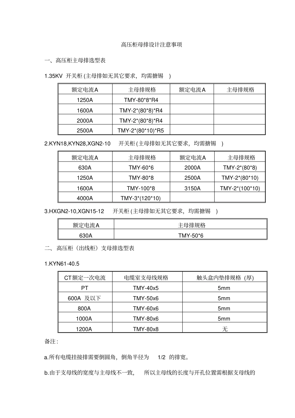 高压柜母排设计选型表_第1页