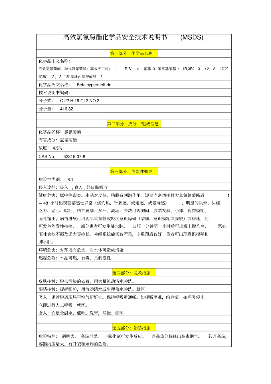 高效氯氰菊酯MSDS_第1页
