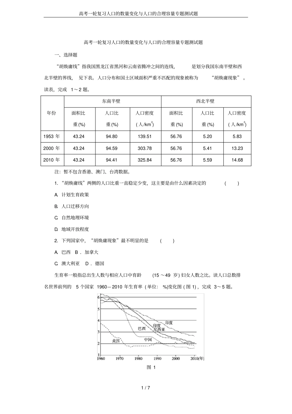 高考一轮复习人口的数量变化与人口的合理容量专题测试题_第1页