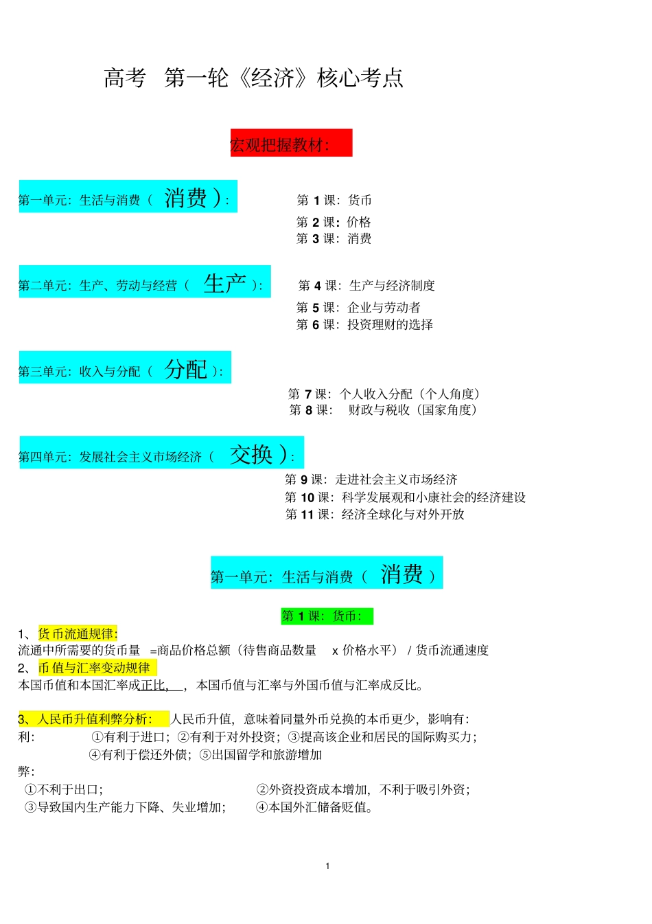 高考复习经济生活核心考点_第1页