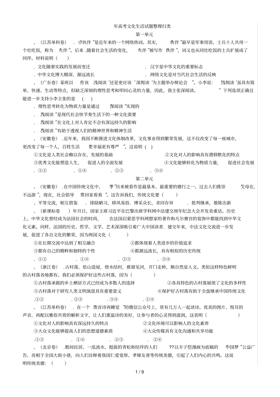 高考文化生活试题整理归类_第1页