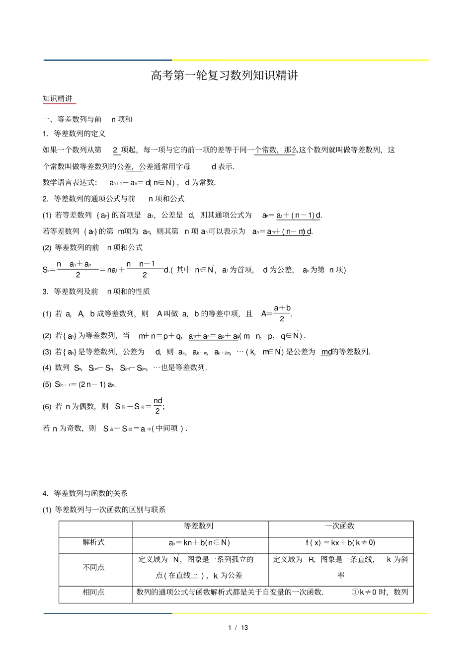 高考第一轮复习数列知识精讲知识点总结_第1页