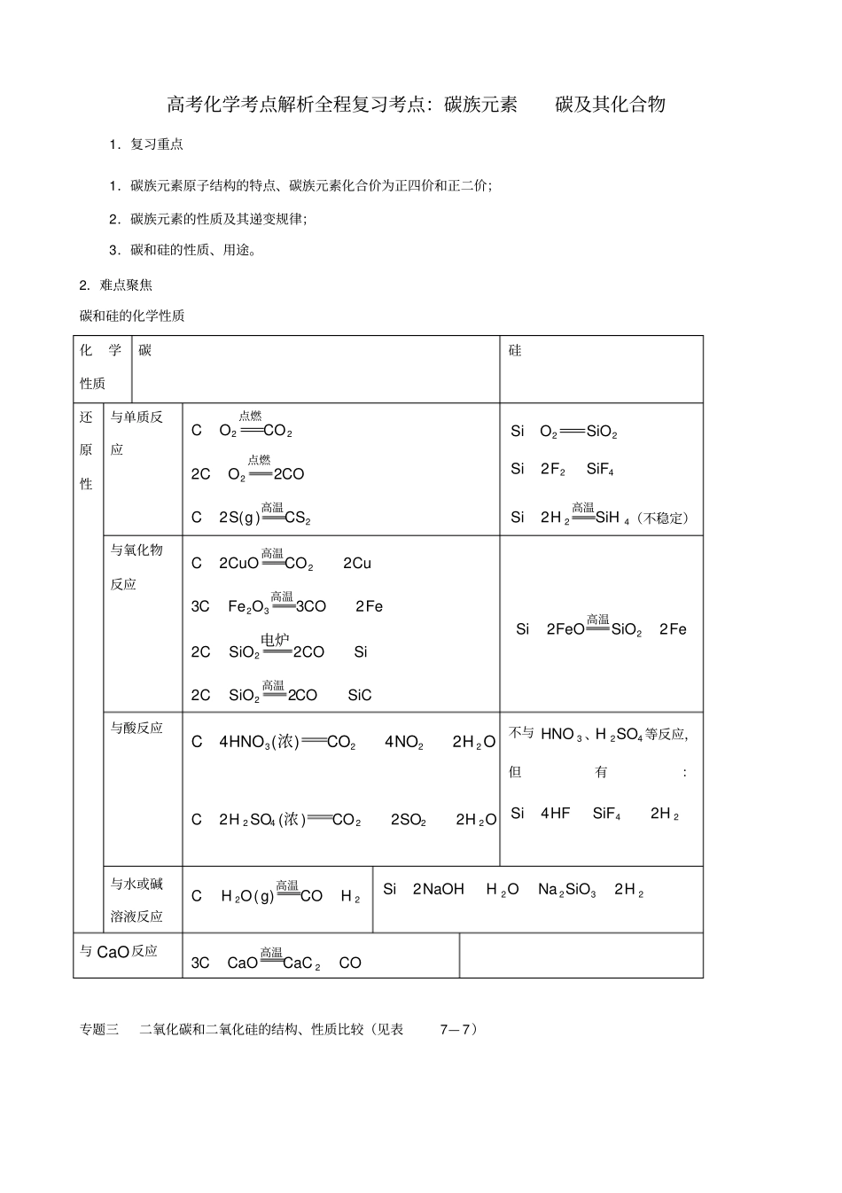 高考考点解析全程复习考点碳族元素碳及其化合物化学_第1页