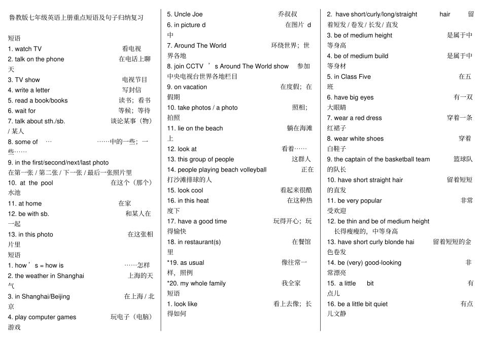 鲁教版七年级英语上册重点短语及句子满满的干货_第1页