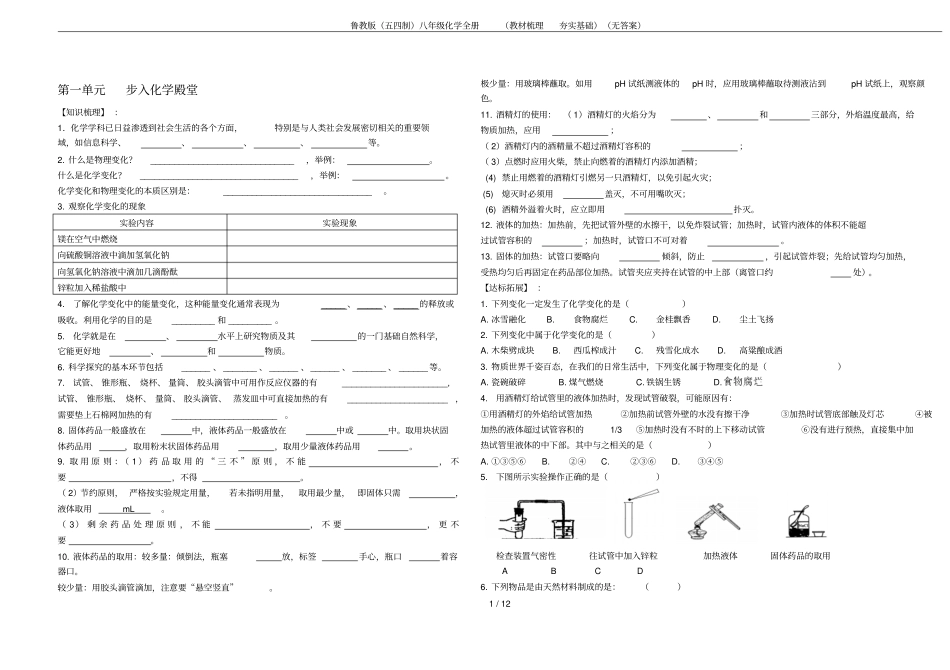 鲁教版五四制八年级化学全册教材梳理夯实基础无答案_第1页