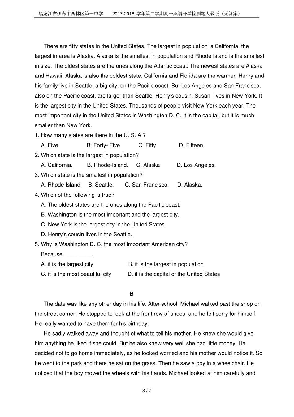黑龙江伊春西林区第一中学2017-2018学年第二学期高一英语开学检测题人教版无答案_第3页