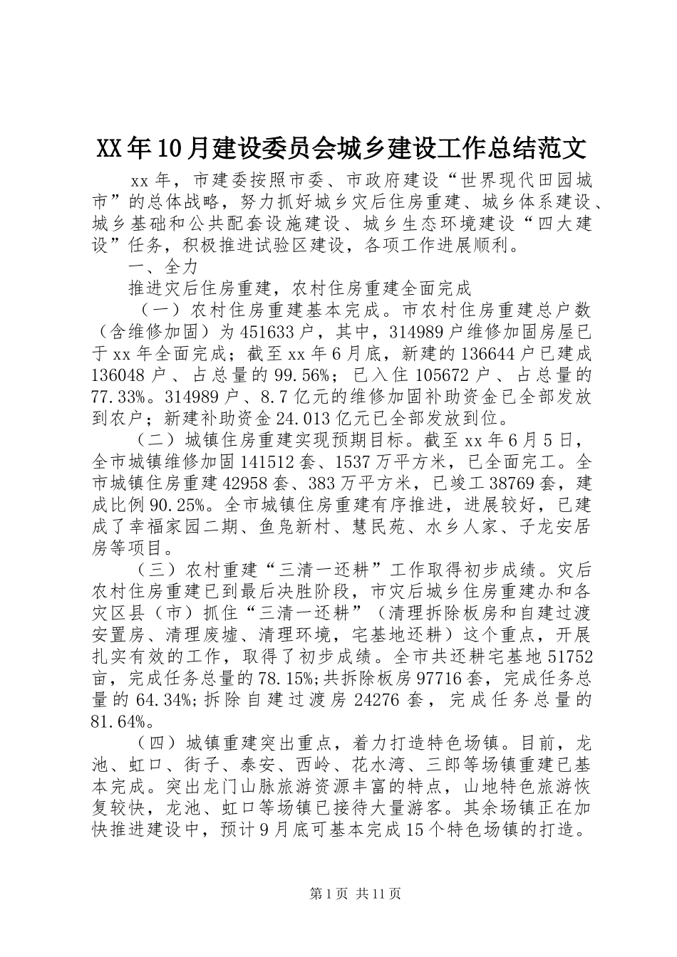 XX年10月建设委员会城乡建设工作总结范文_第1页