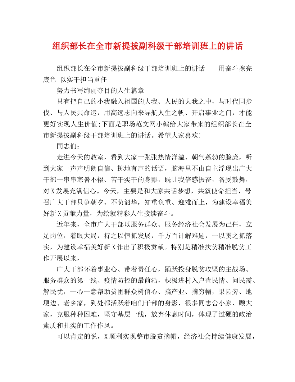 组织部长在全市新提拔副科级干部培训班上的讲话 _第1页