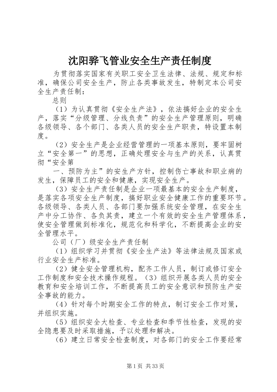 沈阳骅飞管业安全生产责任制度_第1页